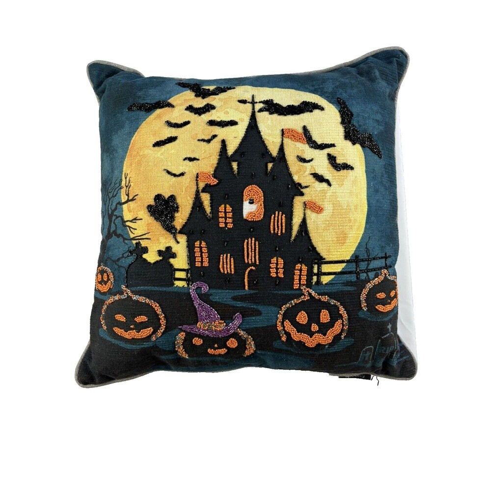 Feelin Spooky Halloween Throw Pillow Beaded Haunted House Bats Pumpkins Moon 18"
